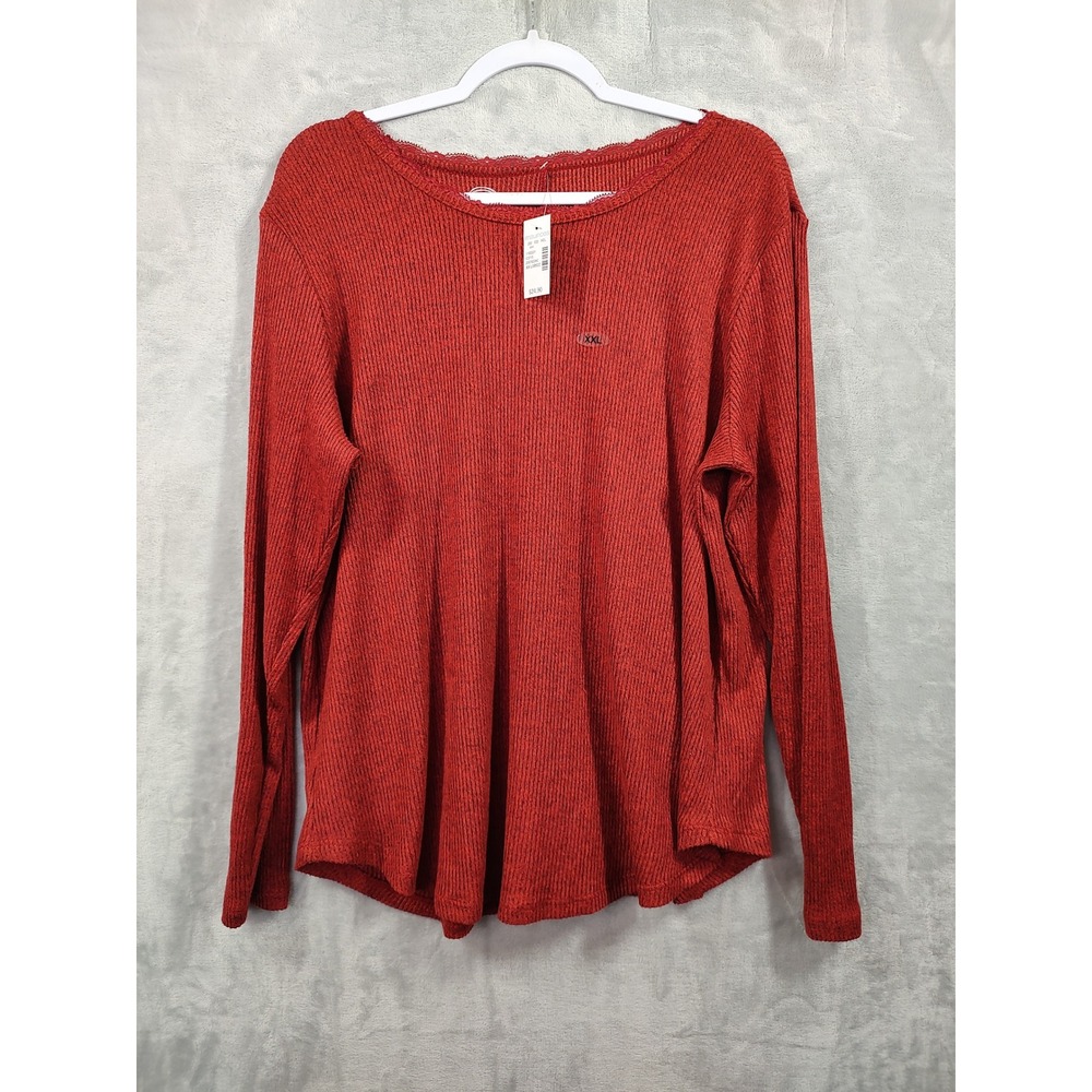 Maurices 24/7 Womens XXL Red Ribbed Knit Lace Trim Scoop Neck Long Sleeve Top